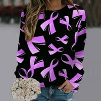 Dukseve dugih rukava za žene Crewneck Svijest o raku dojke pulover Tops Pink Ribbon Pismo Grafičke dukseve, Purple-02,