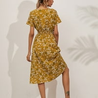 Haljine za žene, sunčana haljina do koljena, poslovna haljina u konzervativnom stilu s printom, Žuta
