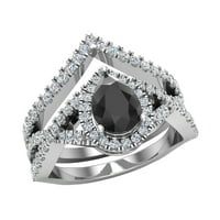 14K White Gold vjenčani prsten Set za žene Kruška Cut Crni dijamant Veliki prstenovi