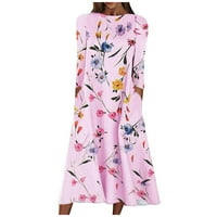 Rasprodaja ženskih haljina dužine čaja, jesenske cvjetne haljine dugih rukava s okruglim vratom, elegantne Ležerne