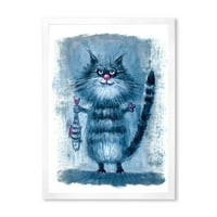 DesignArt 'stojeća mačka koja drži ribu u svojim kandžama' nautički i obalni uokvireni umjetnički tisak