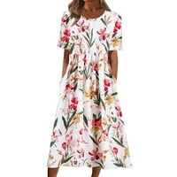 Ženska ležerna labava haljina s okruglim vratom boemska cvjetna haljina kratkih rukava duga Maksi ljetna ljuljačka