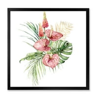 DesignArt 'tropski buket s Anthurium lupinom i lišće na bijeloj I' tradicionalno uokvireni umjetnički tisak