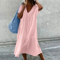 Tking Fashion Women Summer Leasum Solid Solid Loose Ruffle haljina v vrat kratka rukava midi plaža ružičasta l