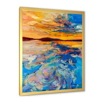DesignArt 'Whirly Plavi valovi pod narančastim zalaskom sunca' nautički i obalni uokvireni umjetnički tisak