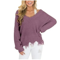 Preveliki džemperi za žene Seksi džemper od pletenog kabela s izrezom u obliku slova u i dugim rukavima, labavi