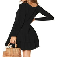 Ženska kratka haljina, Mini haljina s dugim rukavima, Izrez u obliku rukava, Pune boje, crna, crna