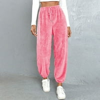 Ženske Ležerne pliš hlače, široke udobne tople domaće hlače od flisa u svijetlo ružičastoj boji;