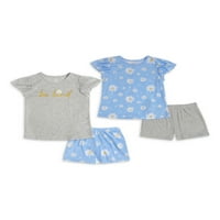 Gornji dio kratkih rukava i kratke hlače za djevojčice, 4-dijelni set za spavanje, veličine 4 i plus