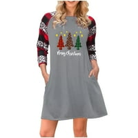 Ženska Božićna haljina, košulja, klasični Božićni Print, Dugi rukavi, Okrugli vrat, karirana mini jesenska haljina