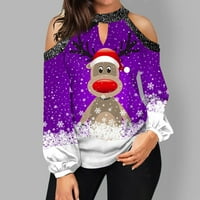 Keusn s vrhova ramena za žene ležerne božićne jelene tiskanje lampiona košulje Xmas šuplje creveck majice ljubičasta