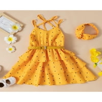 Ljetna odjeća za djevojčice Bez rukava, s naramenicama na točkice, princezine dječje haljine s remenom i trakom