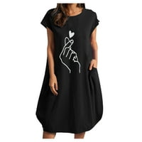 ženska ležerna lanena haljina s okruglim vratom s printom kratkih rukava široka haljina s džepovima Ležerne haljine
