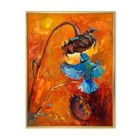 DesignArt 'Plavi hummingbird na narančastom suncokretu' Tradicionalno uokvireno platno zidne umjetničke print