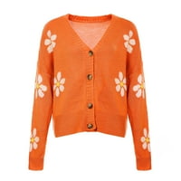 Džemperi s kardiganom za žene, Pleteni džemper s dugim rukavima s cvjetnim printom, narančasti;