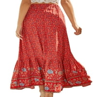 + Ženska duga Maksi suknja s cvjetnim printom suknje A kroja široke ženske boho suknje na plaži crvena
