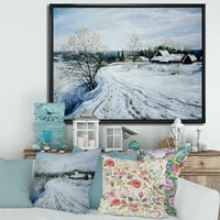 Dizajnerski crtež seoska cesta u zimskom vremenu, pejzažni pejzaž tradicionalni uokvireni zidni otisak na platnu