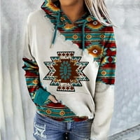Ženski casual zimski puloveri s kapuljačom i vezicama u etničkom stilu s geometrijskim printom