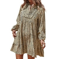 Labava ženska pametna ležerna haljina s leopard printom s okruglim vratom dugih rukava, Ženska Kaki haljina u