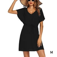 ženska suknja za plažu kratkih rukava Casual od vlakana ženska jednobojna haljina za uredsku zabavu Crna bijela