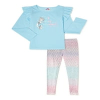 2-dijelni set pidžame za djevojčice, gornji dio dugih rukava s volanima i velur hlače s elastičnom trakom, veličine