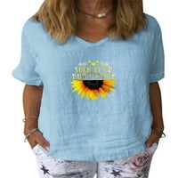 Ženske široke bluze s izrezom u obliku slova u, cvjetne majice kratkih rukava, laneni ljetni vrhovi