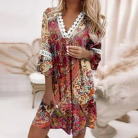 Ljetne haljine, modna ženska čipkasta prošivena haljina s izrezom i printom u obliku boemskog stila, ležerna Odmarališna